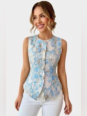 Sleeveless Blue Floral Metallic Pearl Button-Front Top/Vest Unbranded Size XL